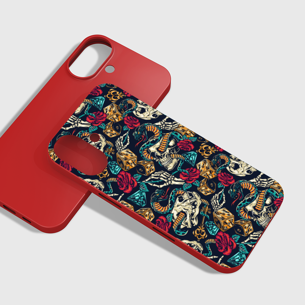 Skull Snake Dice and Roses Pattern iPhone 16 Plus Case