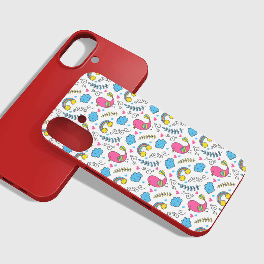 Cute Pink Bird and Rainbow Kids Pattern iPhone 16 Plus Case