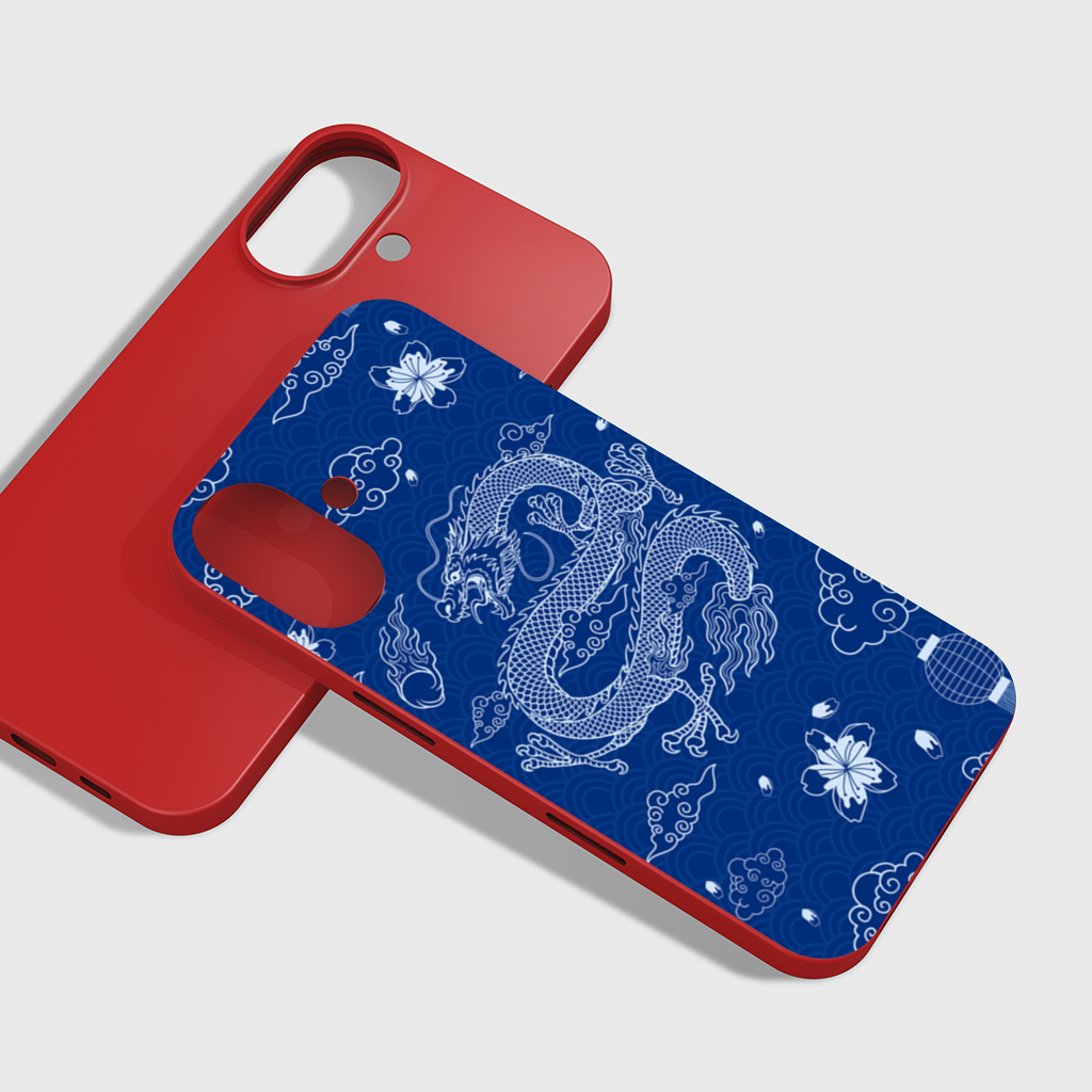 Traditional Dragon Pattern on Blue Background iPhone 16 Plus Case
