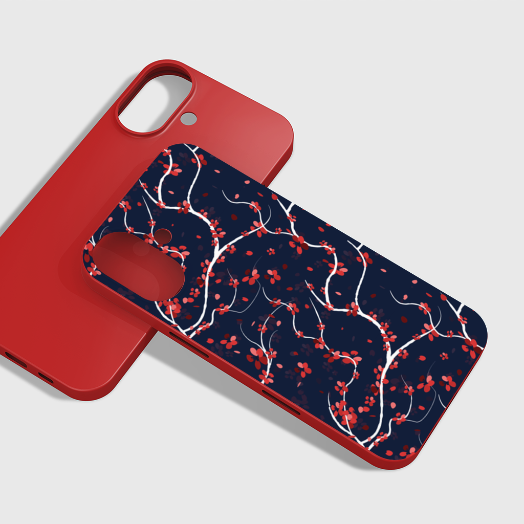 Red Floral Branch Pattern on Navy Background iPhone 16 Plus Case