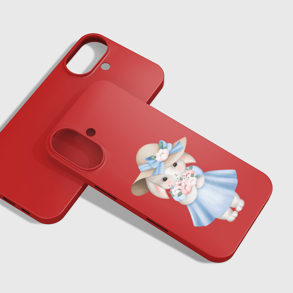 Cute Bunny with Hat Holding Flowers iPhone 16 Plus Case