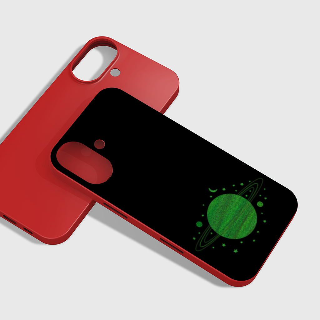 Green planets on a black background. iPhone 16 Plus Case