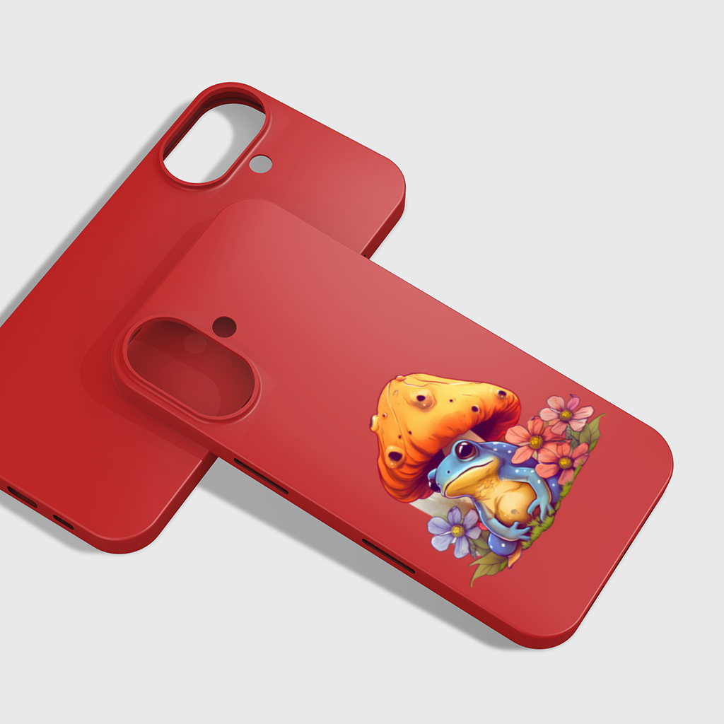 Blue Frog Resting Under Orange Mushroom iPhone 16 Plus Case