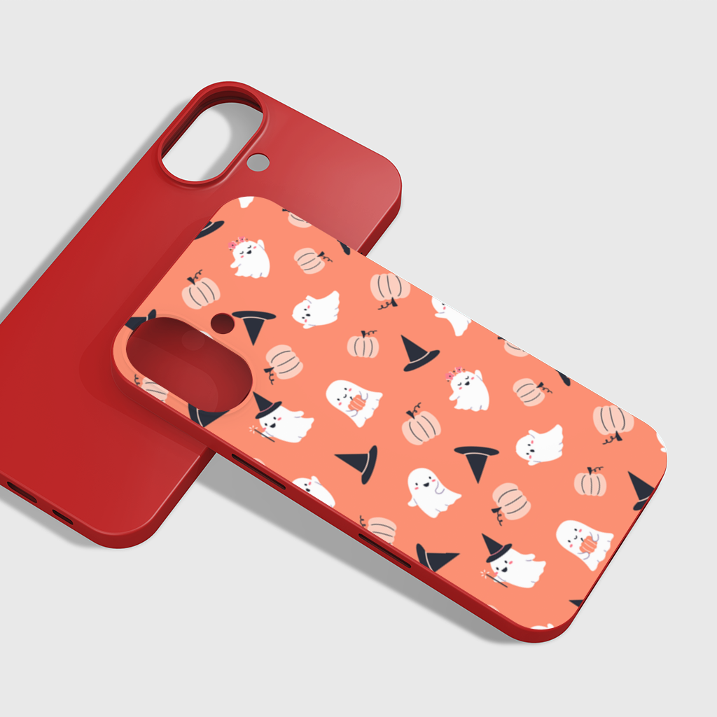 Cute Pumpkin and Witch Hat Ghost Pattern iPhone 16 Plus Case