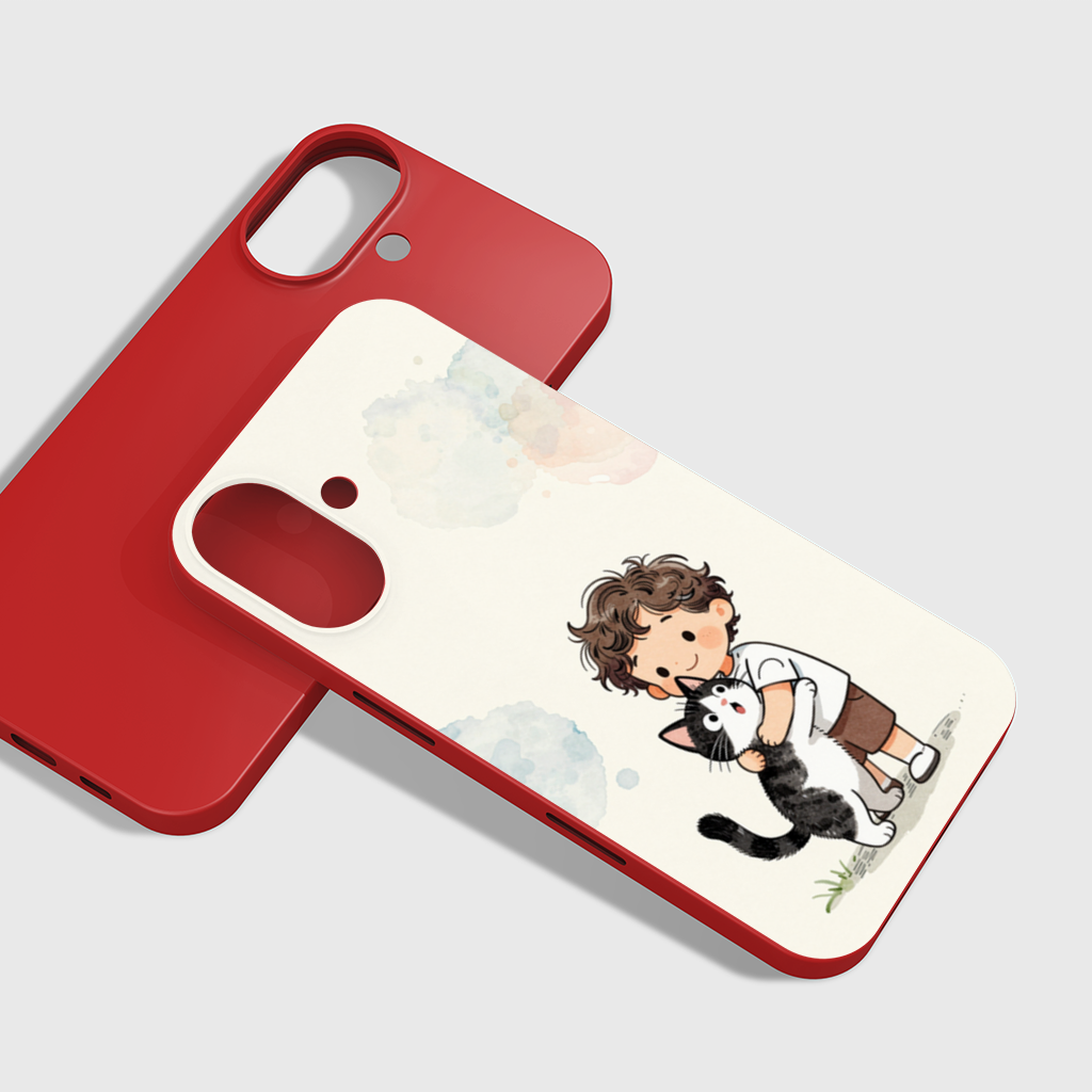 Boy Hugging Tuxedo Cat Charcoal iPhone 16 Plus Case