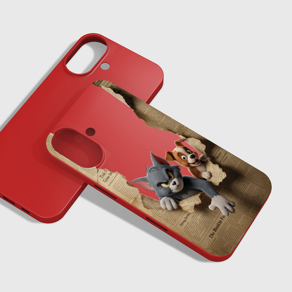Angry Cat and Happy Puppy Peeking Through Paper iPhone 16 Plus Case