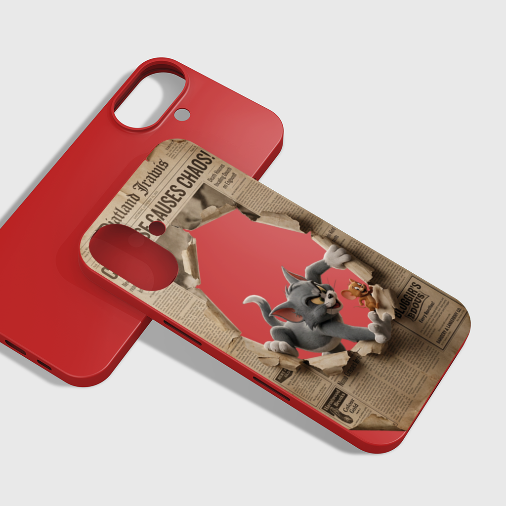 Grey Cat and Tiny Mouse Bursting Newspaper iPhone 16 Plus Case