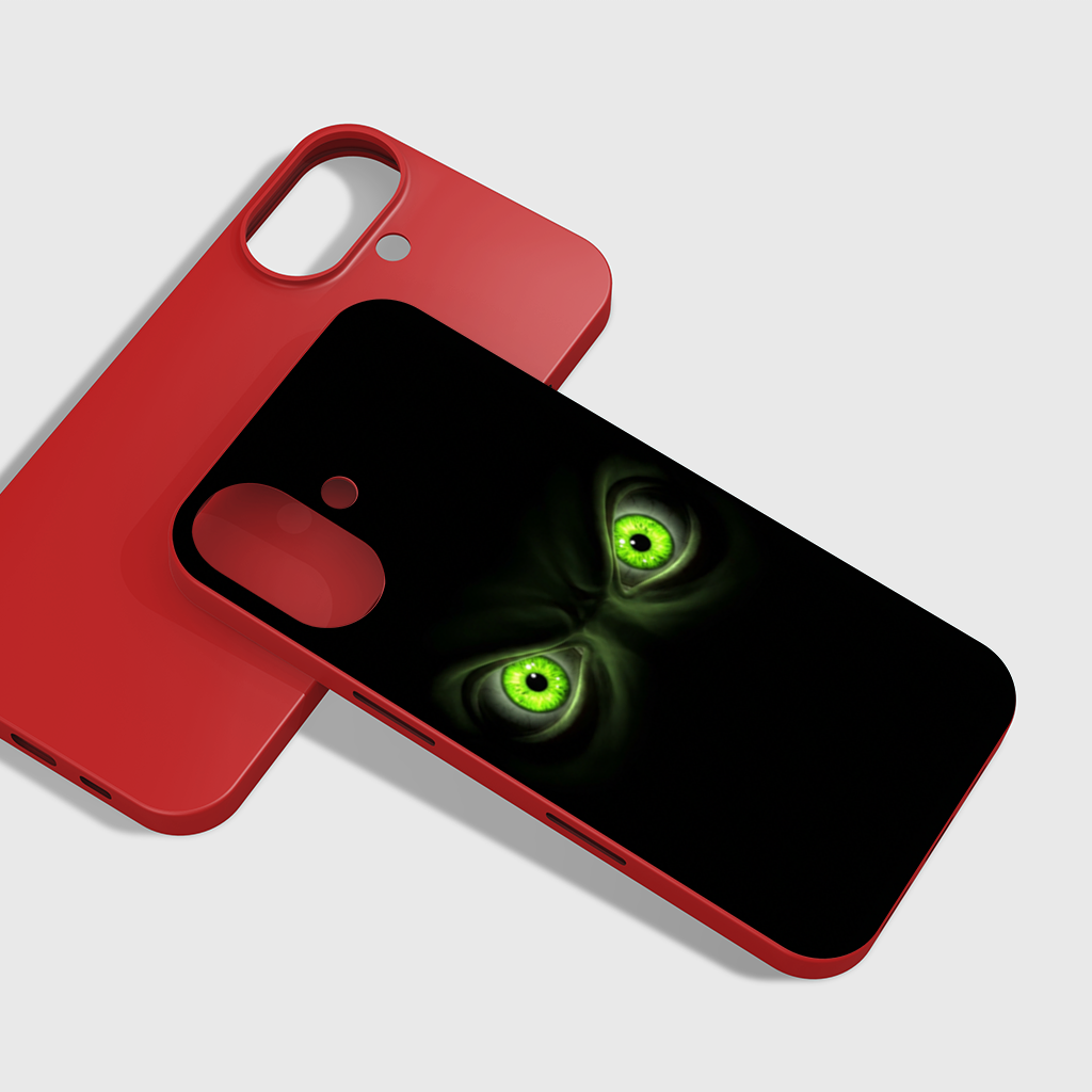 Glowing Green Monster Eyes in Darkness iPhone 16 Plus Case
