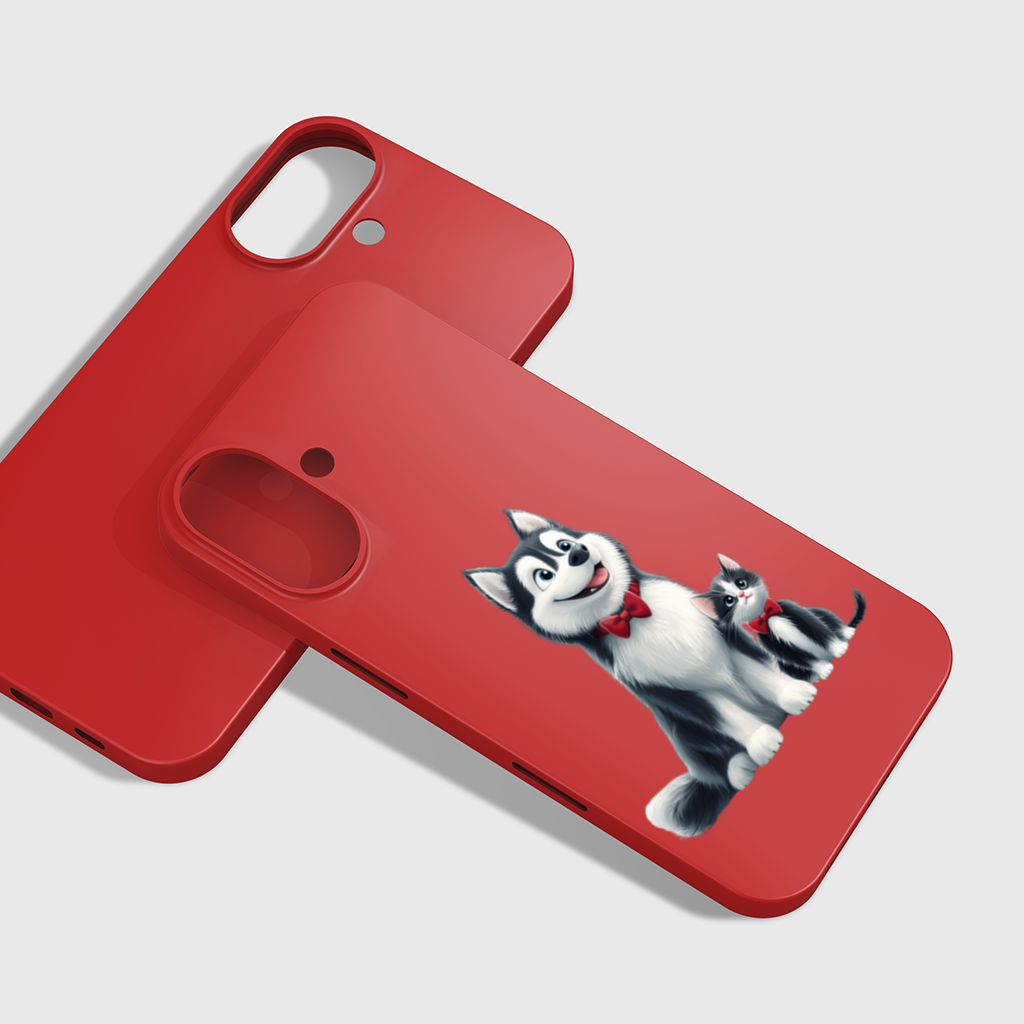 Cute Husky and Kitten with Red Bowties iPhone 16 Plus Case