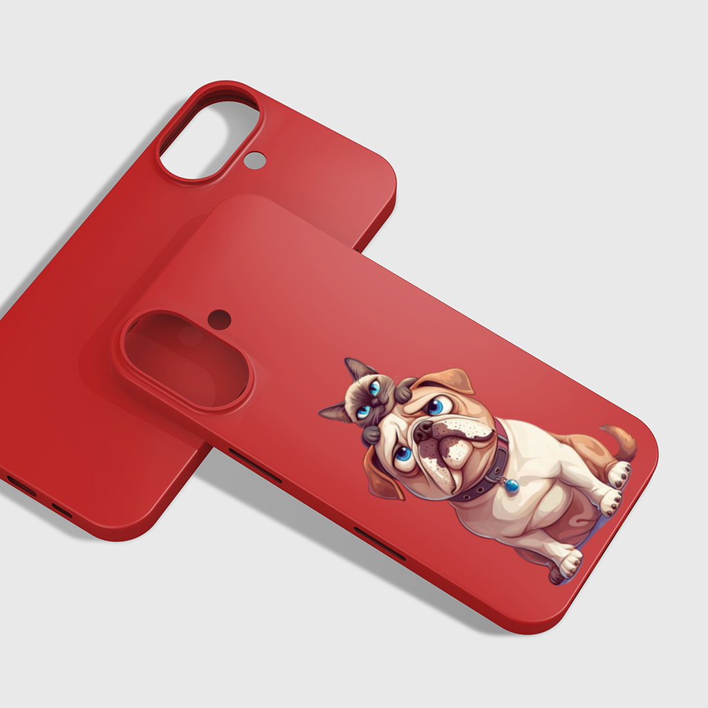 Sad Pug with Siamese Cat on Head iPhone 16 Plus Case