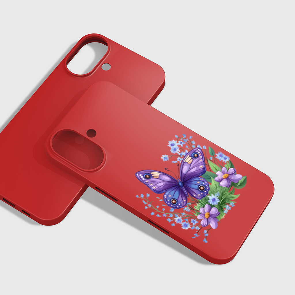 Mor Kelebek ve Mavi Kır Çiçekleri iPhone 16 Plus Kılıfı