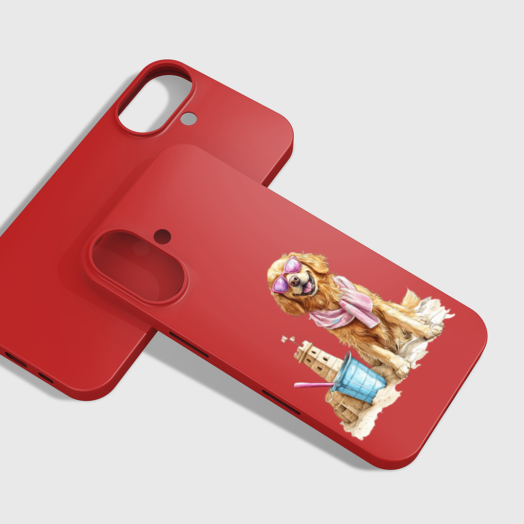 Plajda Pembe Gözlüklü Golden Retriever iPhone 16 Plus Kılıfı