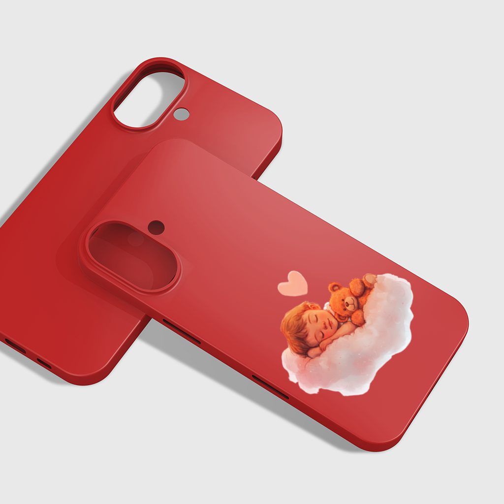 Bulut Üstünde Uyuyan Bebek ve Ayıcık iPhone 16 Plus Kılıfı