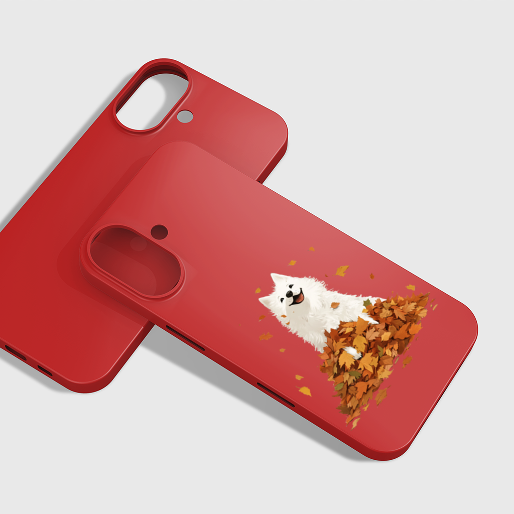 Happy White Dog in Autumn Leaves iPhone 16 Plus Case