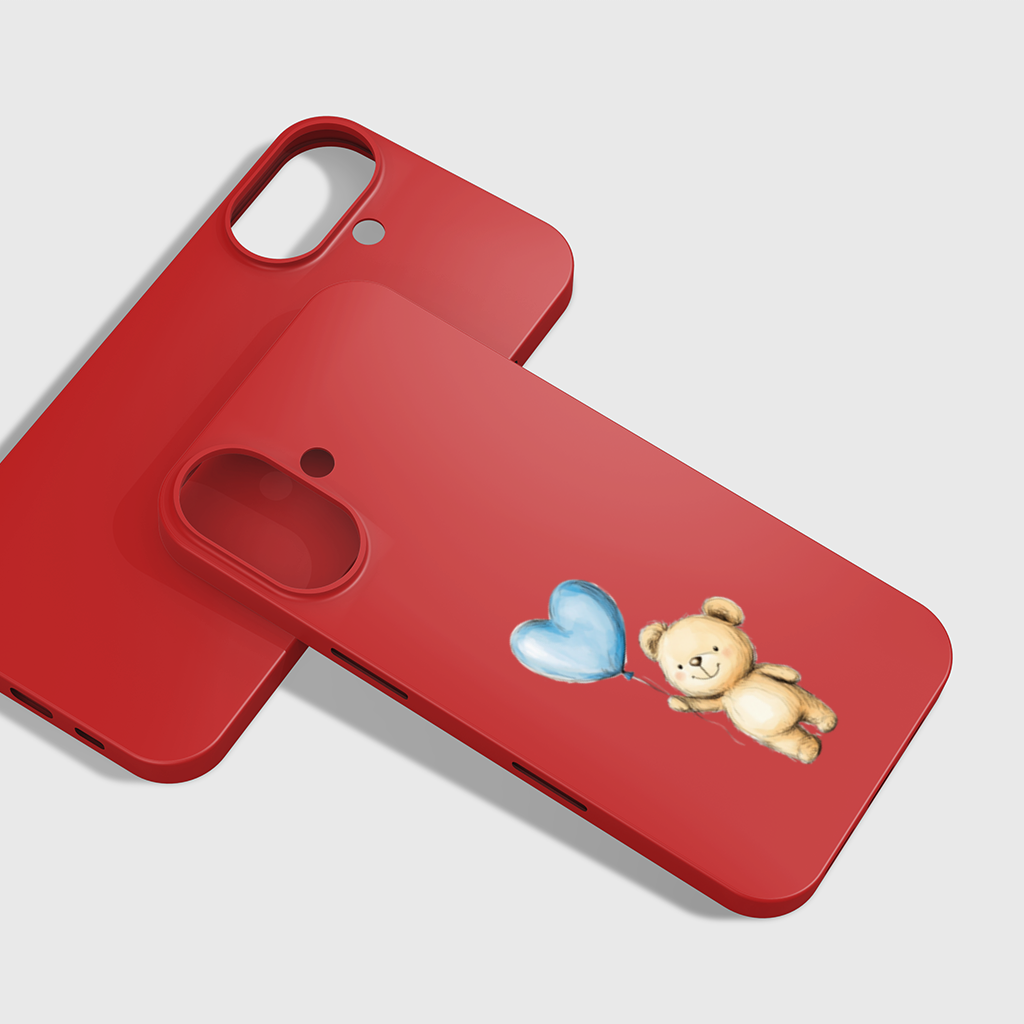 Mavi Kalp Balonlu Sevimli Ayıcık iPhone 16 Plus Kılıfı