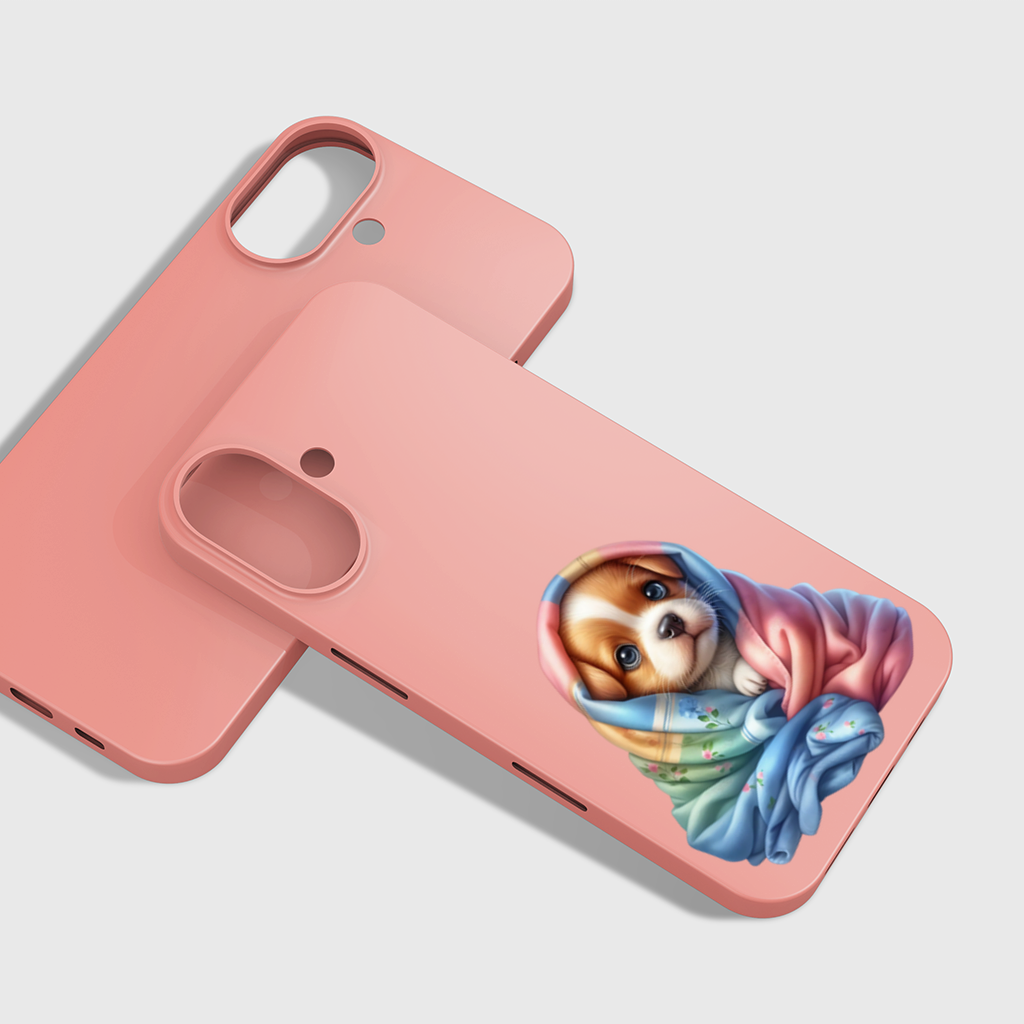 Cute Puppy Wrapped in Colorful Blanket iPhone 16 Plus Case