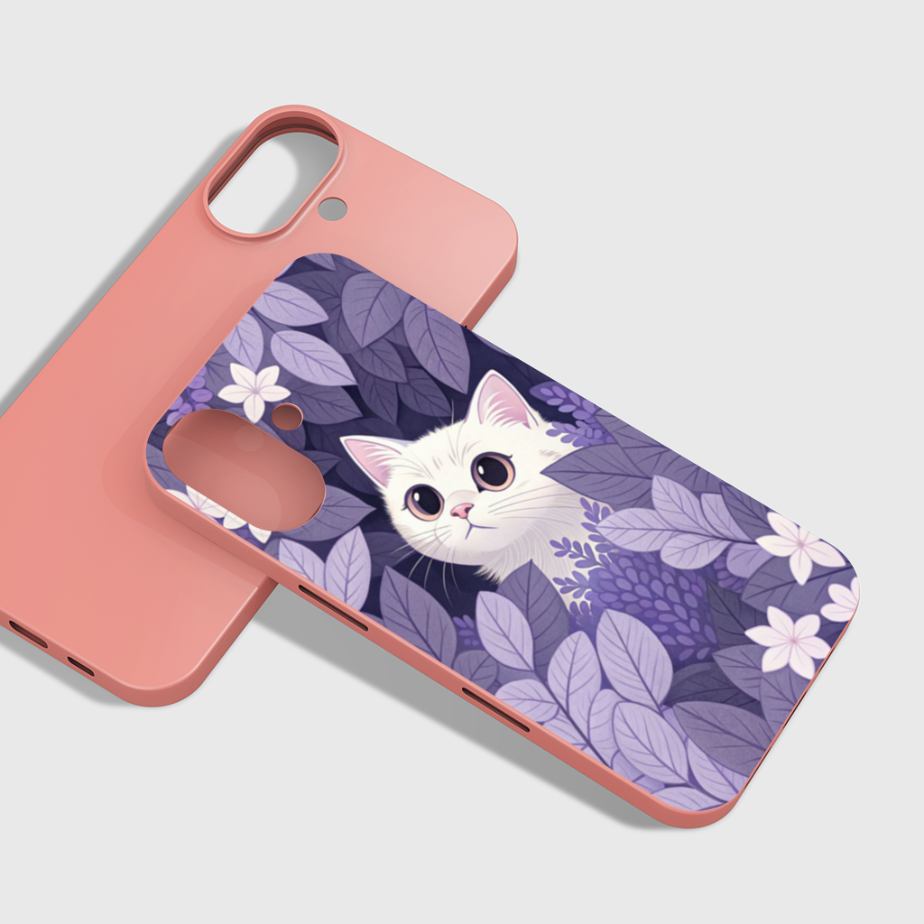 Lavanta Yaprakları Arasında Sevimli Beyaz Kedi iPhone 16 Plus Case