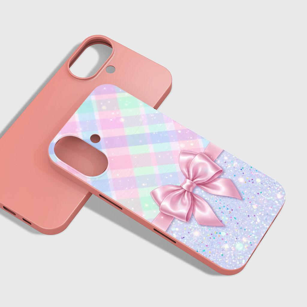 Elegant pink satin bow with pastel plaid background iPhone 16 Plus Case
