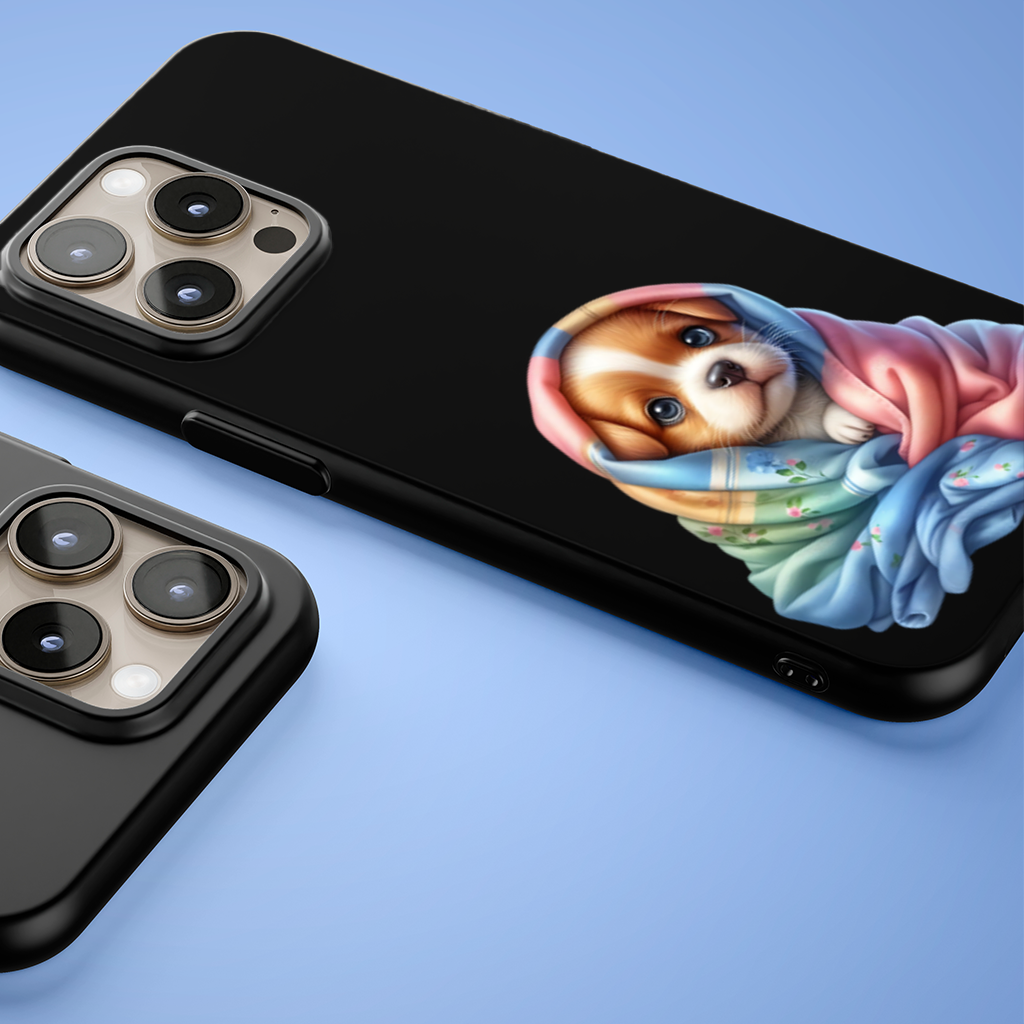 Cute Puppy Wrapped in Colorful Blanket iPhone 15 Pro and Pro Max Case