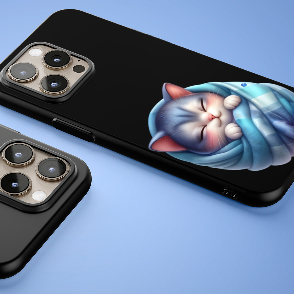 Kawaii Mavi Battaniyeli Uyuyan Kedi iPhone 15 Pro ve Pro Max Kılıfı