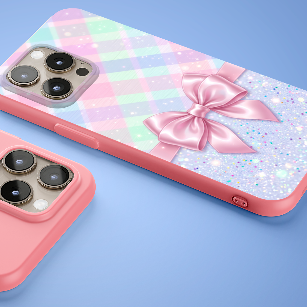 Elegant pink satin bow with pastel plaid background iPhone 15 Pro Max Case