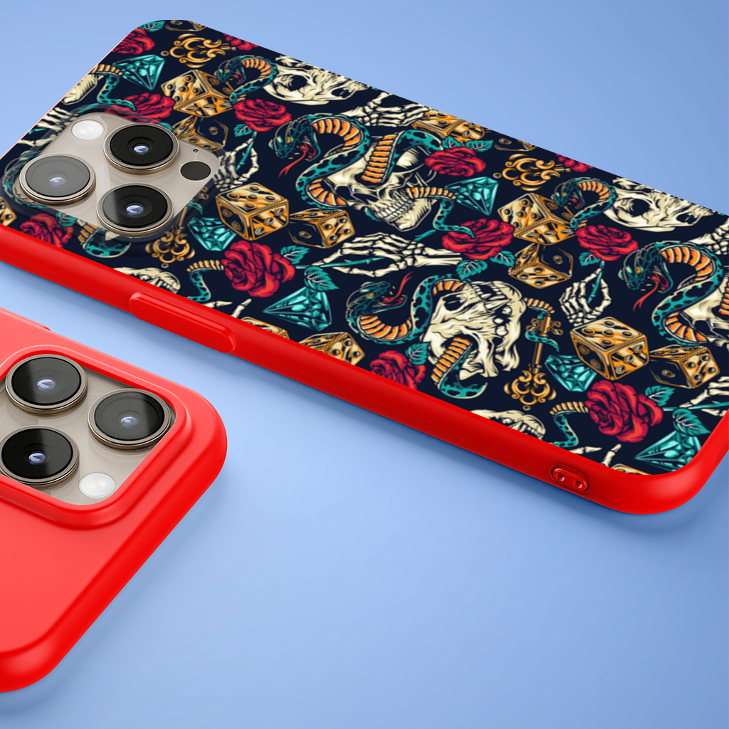 Skull Snake Dice and Roses Pattern iPhone 15 Pro and Pro Max Case