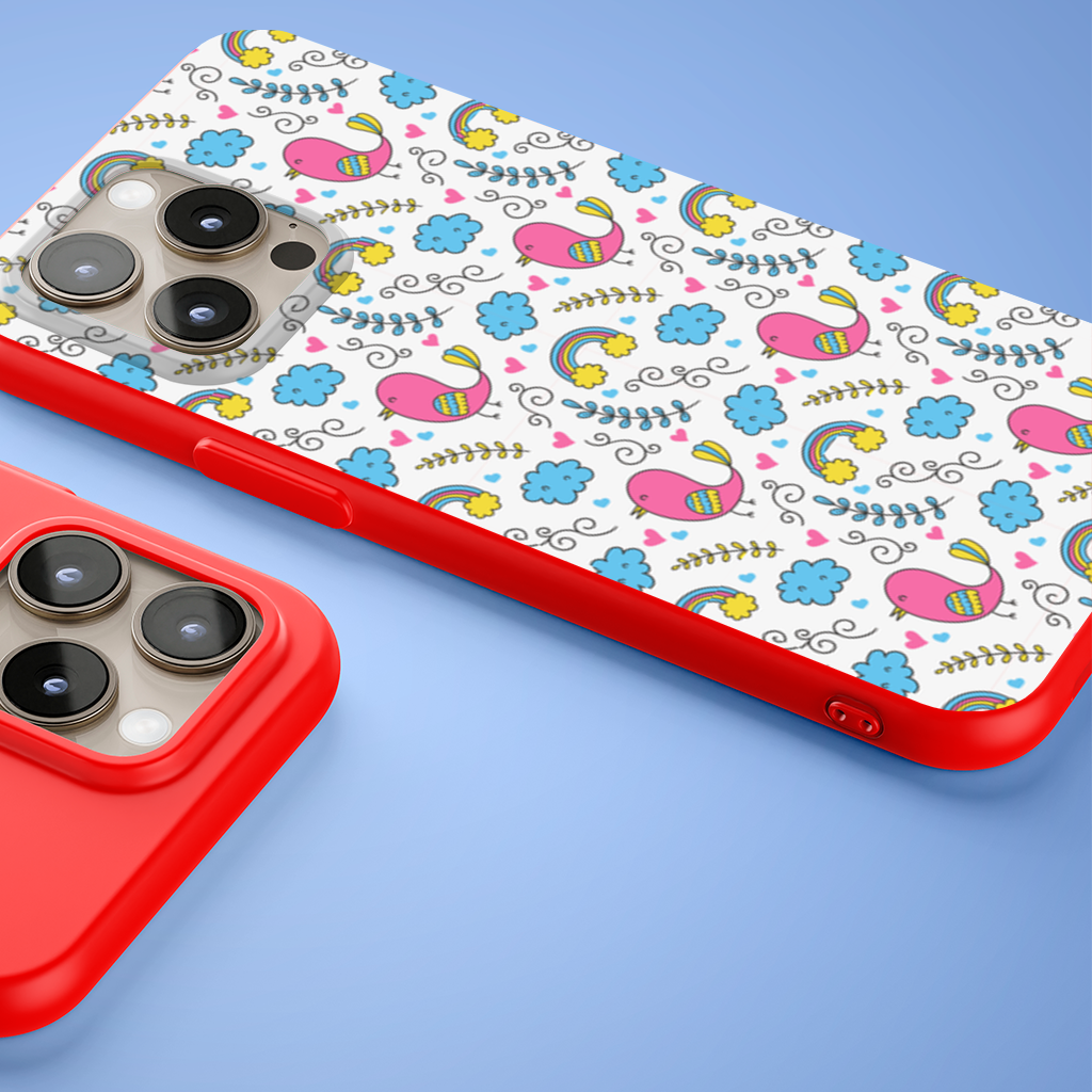 Cute Pink Bird and Rainbow Kids Pattern iPhone 15 Pro and Pro Max Case