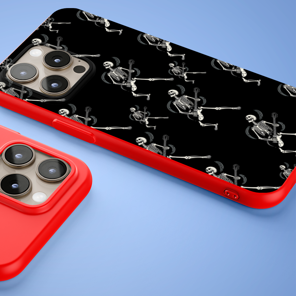 Rock Guitar Playing Skeleton Pattern on Black iPhone 15 Pro and Pro Max Case