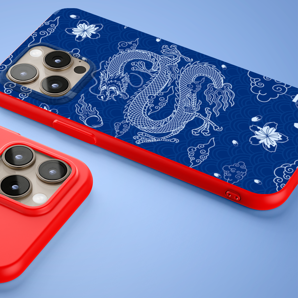 Traditional Dragon Pattern on Blue Background iPhone 15 Pro and Pro Max Case