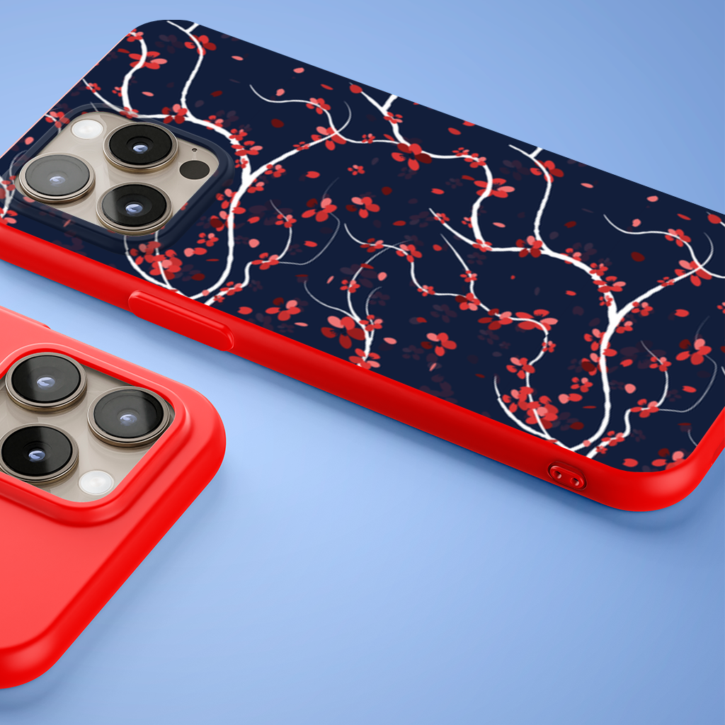 Red Floral Branch Pattern on Navy Background iPhone 15 Pro and Pro Max Case
