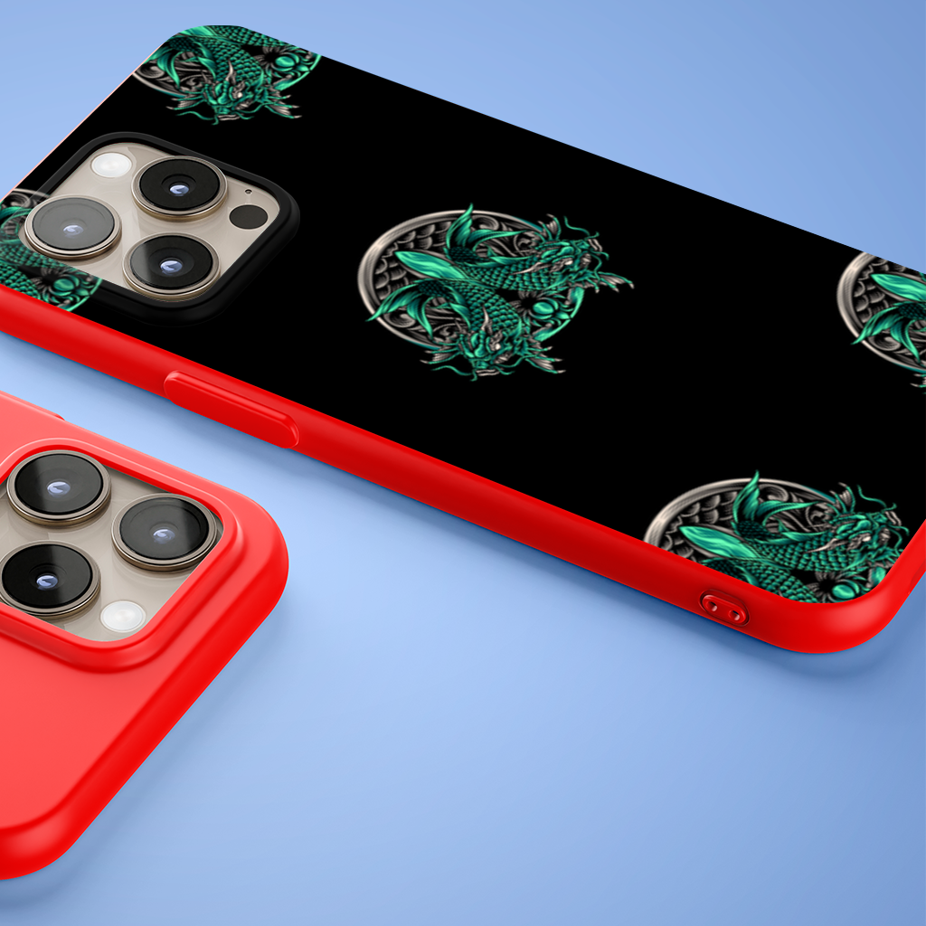 Turquoise Twin Dragon Emblem Design iPhone 15 Pro and Pro Max Case