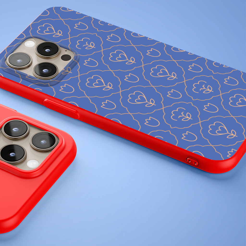 Orange Linear Floral Pattern on Blue iPhone 15 Pro and Pro Max Case