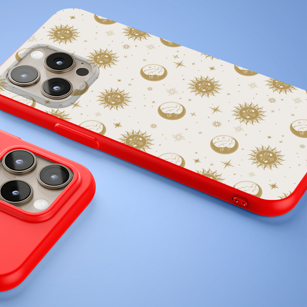 Altın Güneş ve Ay Mistik Desen iPhone 15 Pro ve Pro Max Kılıfı