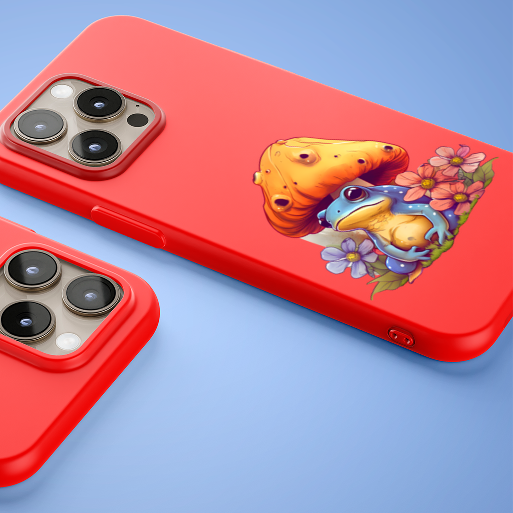 Mavi Kurbağa ve Turuncu Mantar Altında Huzur iPhone 15 Pro ve Pro Max Kılıfı