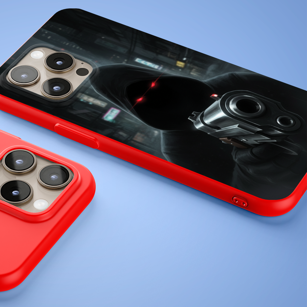 Cyberpunk Hooded Figure with Gun iPhone 15 Pro and Pro Max Case