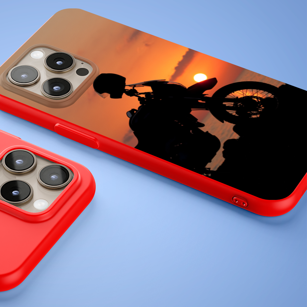 Adventure Motorcycle Sunset Silhouette iPhone 15 Pro and Pro Max Case