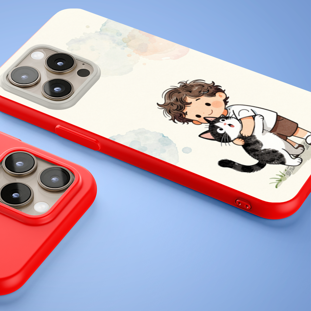 Boy Hugging Tuxedo Cat Charcoal iPhone 15 Pro and Pro Max Case