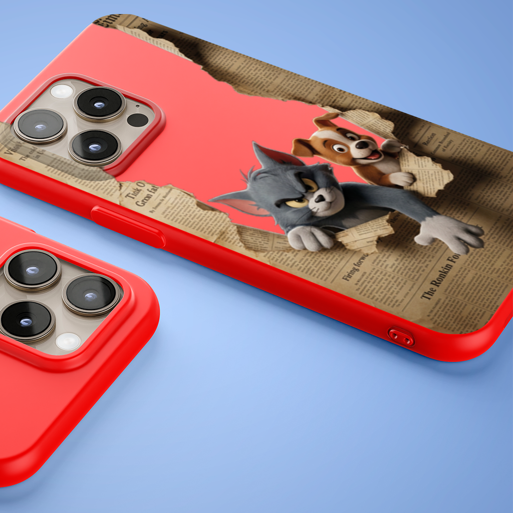 Angry Cat and Happy Puppy Peeking Through Paper iPhone 15 Pro and Pro Max Case