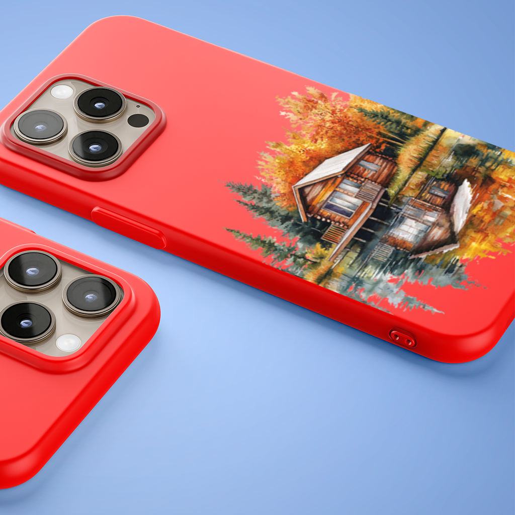 Lakeside Log Cabin Autumn Landscape iPhone 15 Pro and Pro Max Case