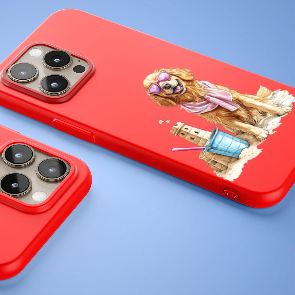 Plajda Pembe Gözlüklü Golden Retriever iPhone 15 Pro ve Pro Max Kılıfı