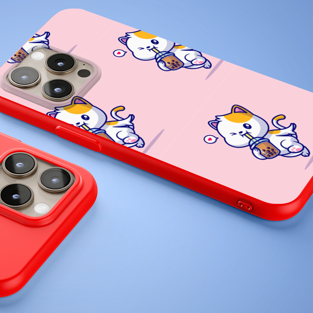 Boba Çayı İçen Kawaii Kedi iPhone 15 Pro ve Pro Max Kılıfı