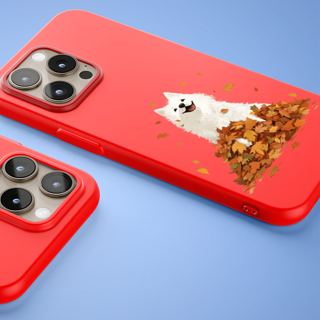 Happy White Dog in Autumn Leaves 