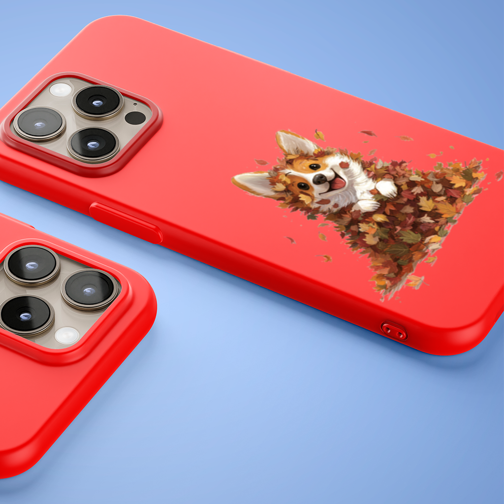 Happy Corgi Puppy in Fall Leaves 