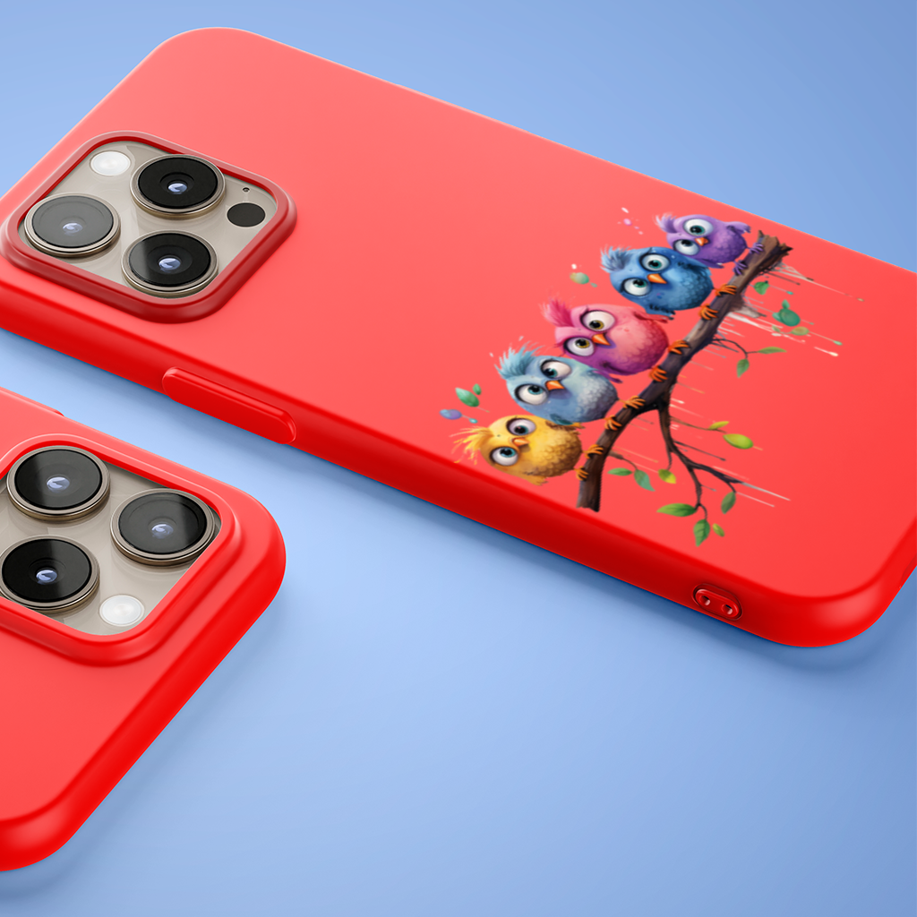 Five Colorful Kawaii Birds on Branch 