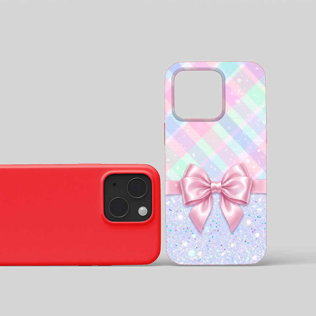 Elegant pink satin bow with pastel plaid background iPhone 15 Plus Case