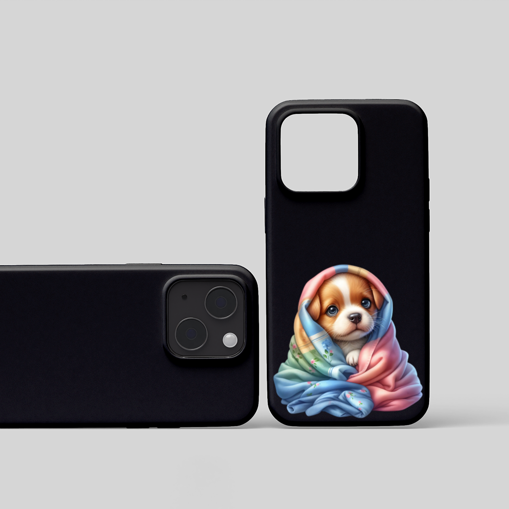 Cute Puppy Wrapped in Colorful Blanket iPhone 15 and Plus Case