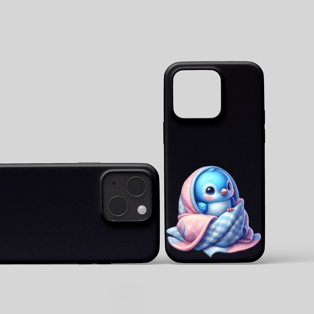 Kawaii Blue Bird in Blanket iPhone 15 and Plus Case