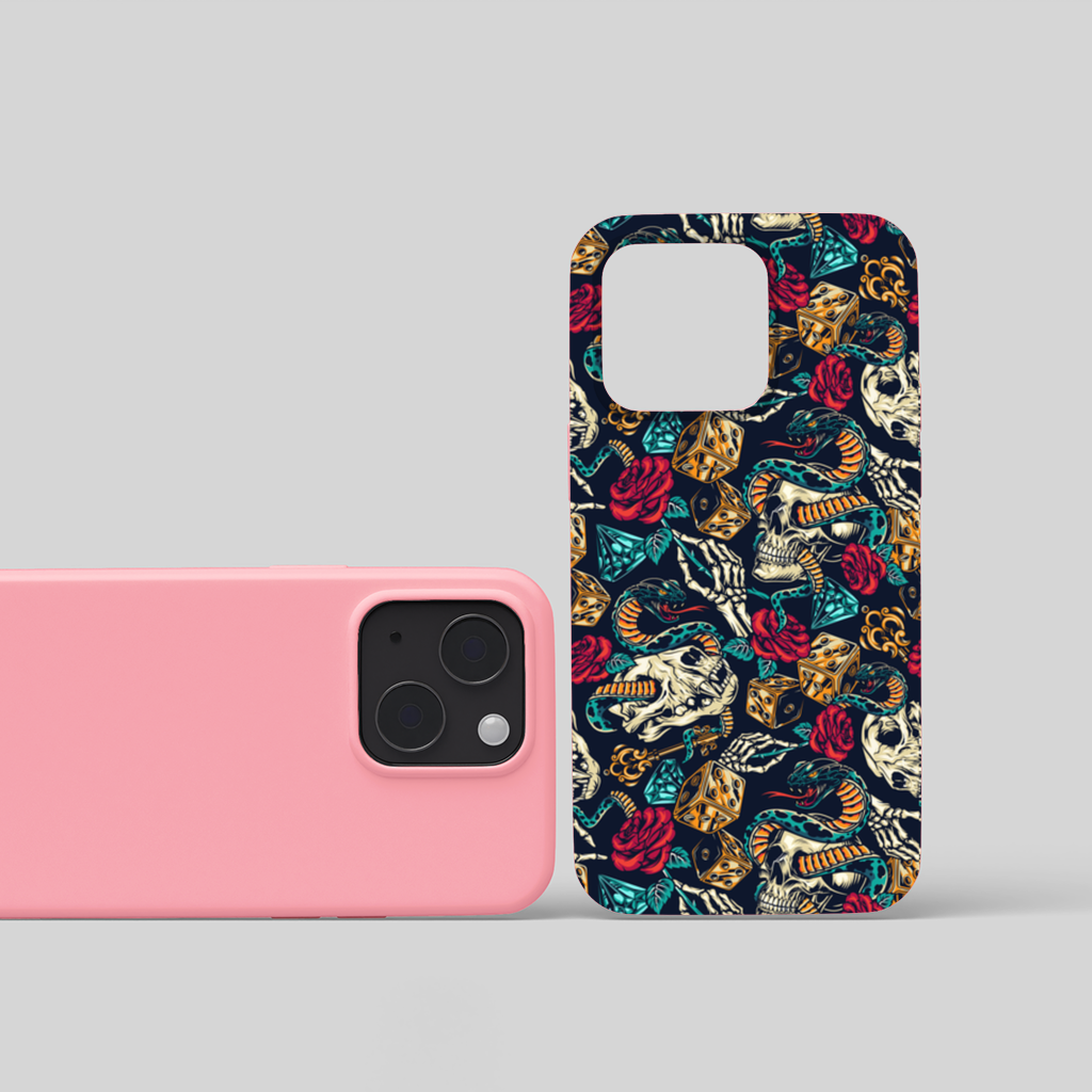 Skull Snake Dice and Roses Pattern iPhone 15 and Plus Case