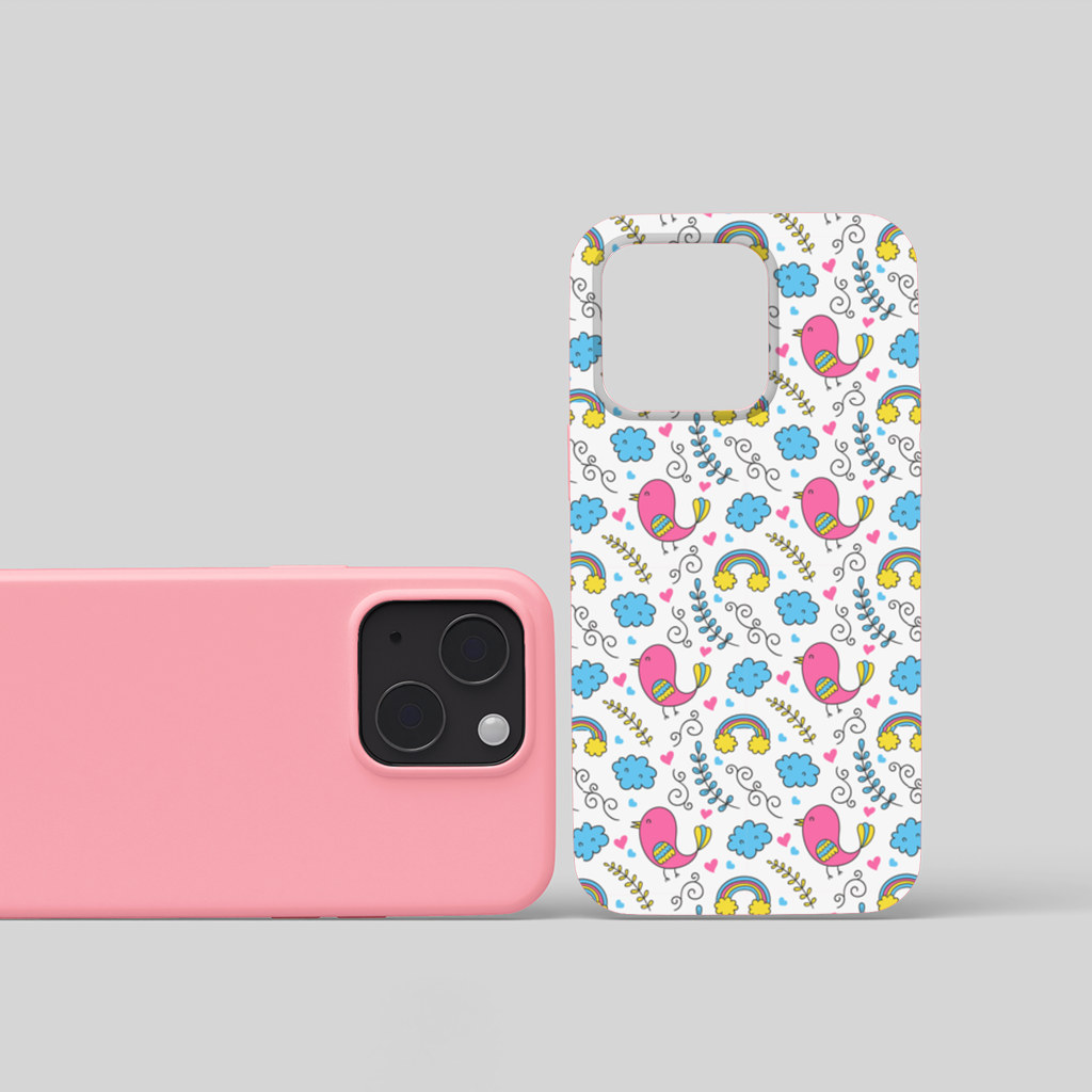 Cute Pink Bird and Rainbow Kids Pattern iPhone 15 and Plus Case