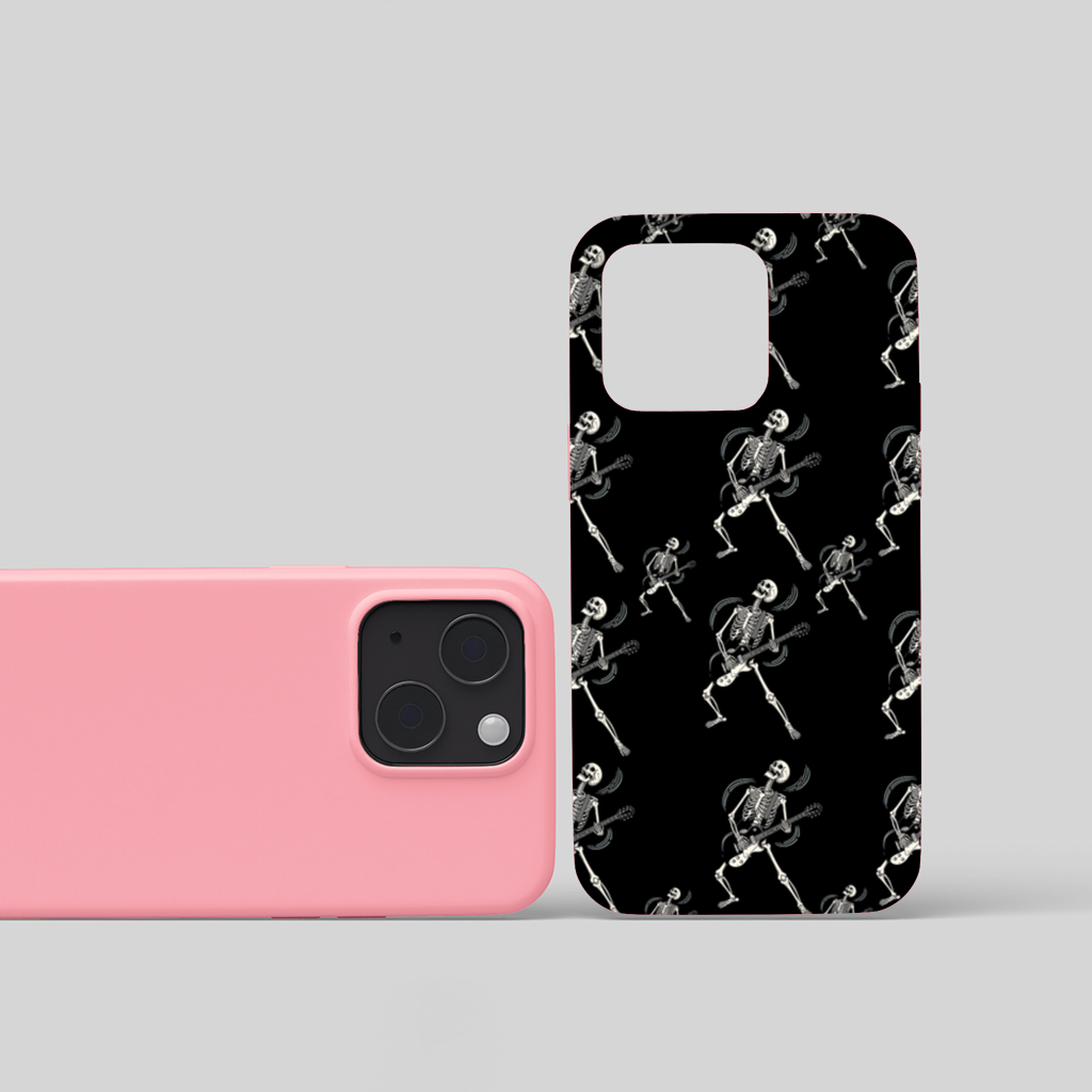 Rock Guitar Playing Skeleton Pattern on Black iPhone 15 and Plus Case